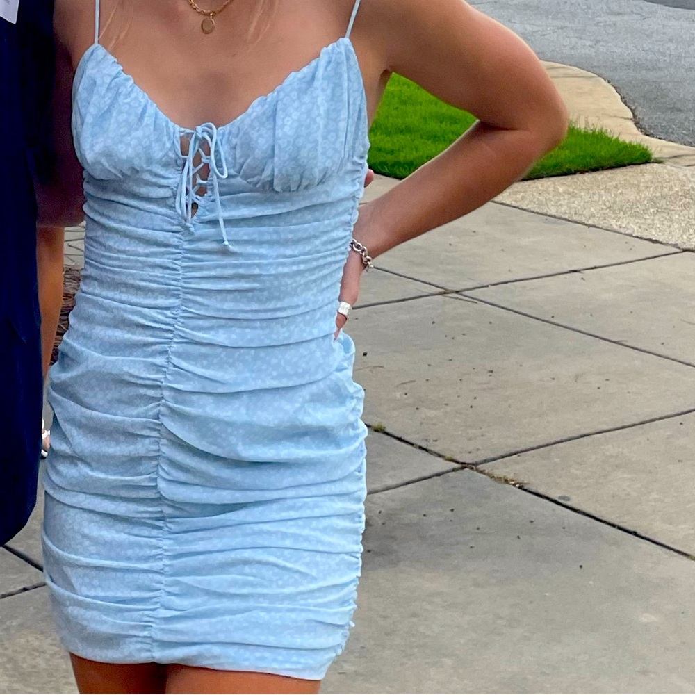Baby Blue Ruched Mini Floral Dress from Cotton Candy LA | Size: M